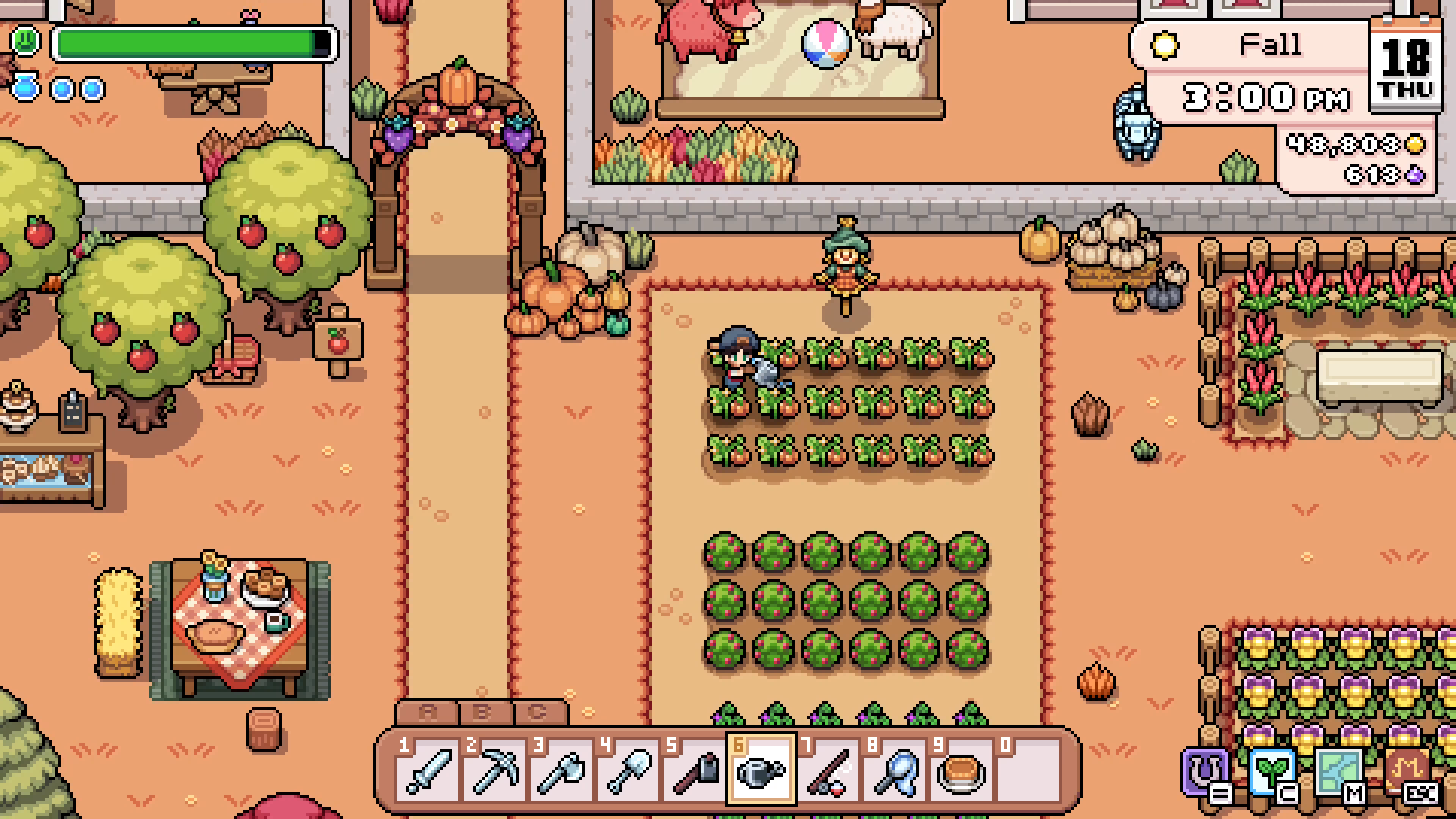 An autumn farm with crop plots, trees and animal areas.