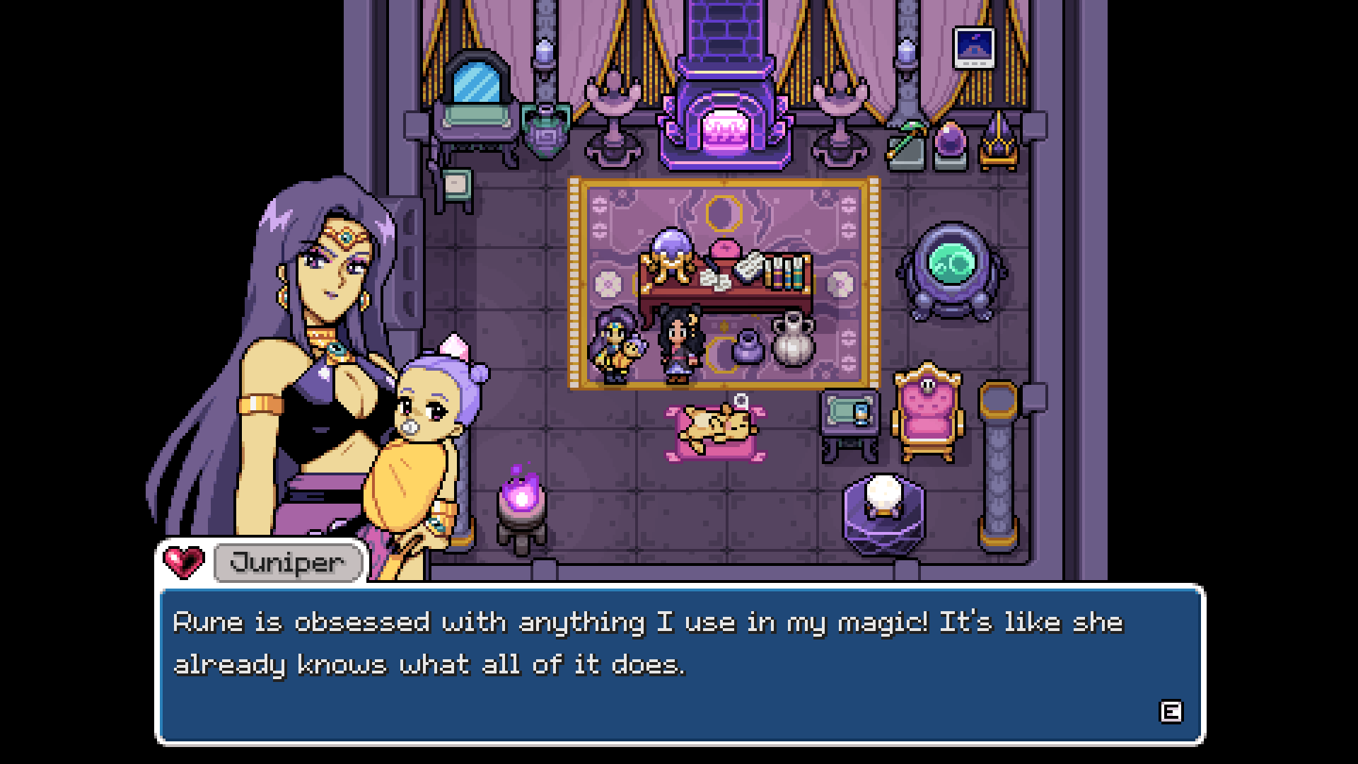 Juniper holding a baby inside a magic-themed room.