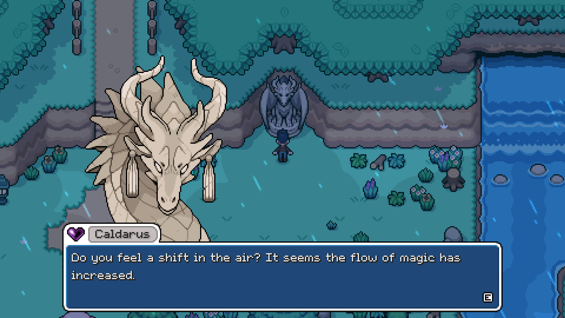Caldarus speaking beside the dragon statue as magic begins to flow.