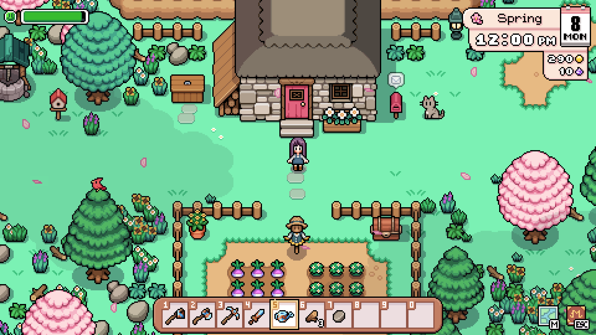 A spring farm with a starter house, crop beds and two characters.