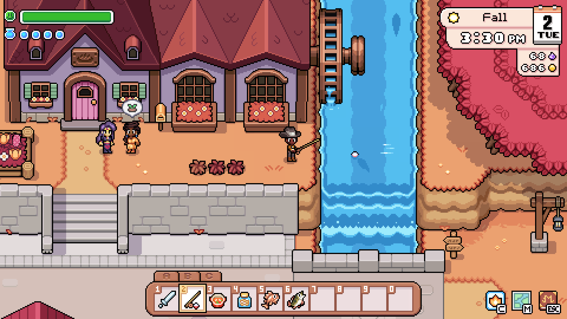 The player fishing from a riverbank beside town buildings.