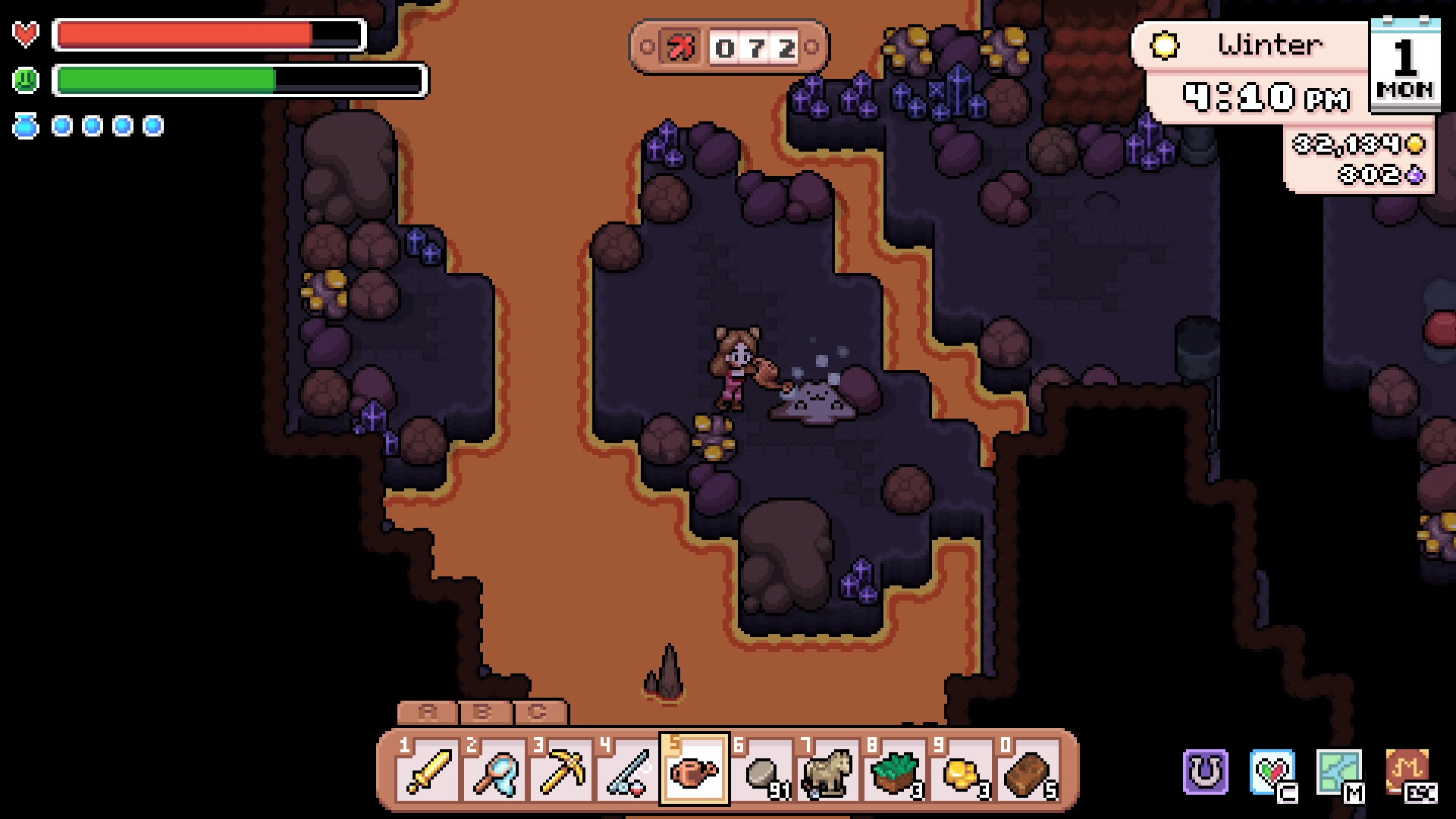 The player exploring a dark lava cave in the Mines.