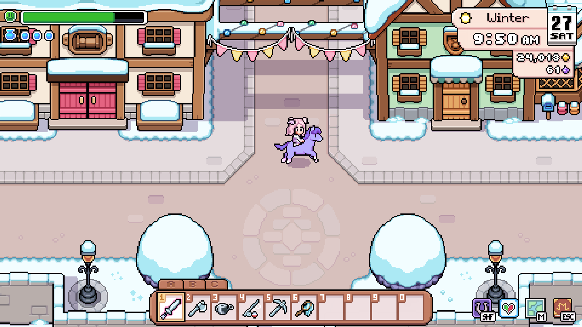 The player riding a purple mount through the snowy town square.