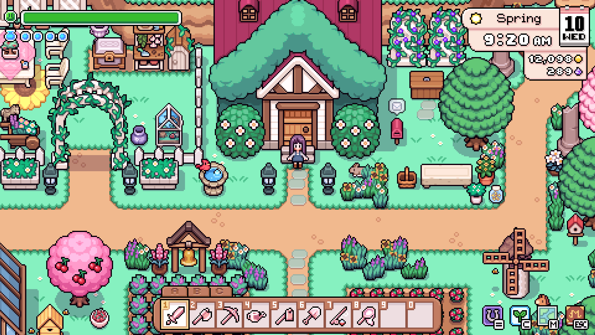 A developed spring homestead with an upgraded house and decorated farmyard.
