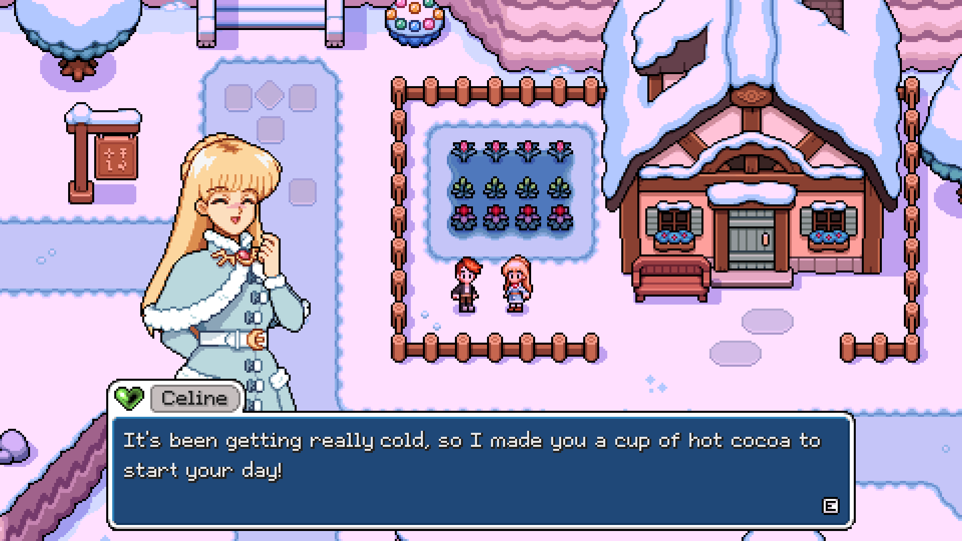 Celine offers the player hot cocoa during a winter conversation.